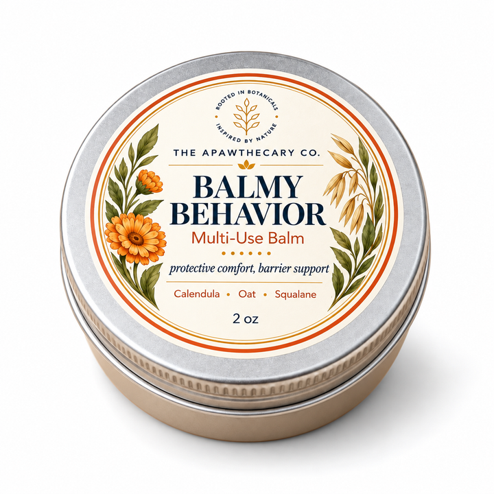 Balmy Behavior – Multi-Use Barrier Balm — White-background /3drender using the verified current product and label. Front readable, whole product visible, natural shadow.