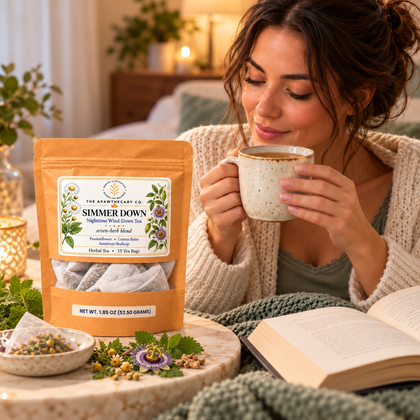 Simmer Down tea; corrected three-herb front label, seven-herb blend, 15 tea bags, 52.50 g.