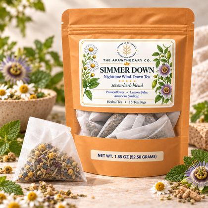 Simmer Down tea; corrected three-herb front label, seven-herb blend, 15 tea bags, 52.50 g.