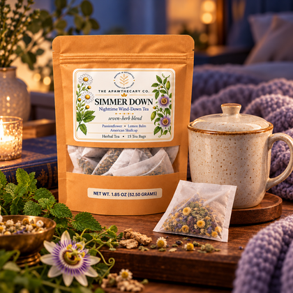 Simmer Down tea; corrected three-herb front label, seven-herb blend, 15 tea bags, 52.50 g.