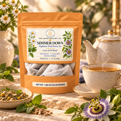 Simmer Down tea; corrected three-herb front label, seven-herb blend, 15 tea bags, 52.50 g.