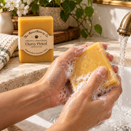 Cherry Picked – Cherry Almond Cold Process Soap — Close realistic adult hands lathering the exact unwrapped Cherry Picked bar over an ordinary sink, authentic bubbly wet soap and skin texture; matching wrapped soap upright safely on dry counter in background.