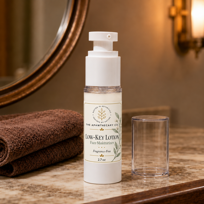 Low-Key Lotion – Fragrance-Free Face Moisturizer in a home setting; an included component of this bundle. Other included products are shown elsewhere in the gallery.