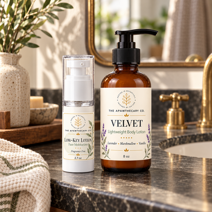 Low-Key Lotion face moisturizer and Velvet body lotion on a bathroom counter, shown together in the Face + Body Hydration Duo.