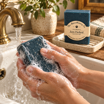 Jam Packed – Blueberry Oatmeal Cold Process Soap — Adult hands genuinely lathering the exact unwrapped Jam Packed soap above a sink; matching wrapped bar on dry draining dish behind, realistic irregular bar surface and bubbles.