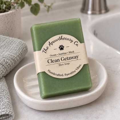 Clean Getaway – Ocean, Jasmine & Musk Shea Soap in a home setting; an included component of this bundle. Other included products are shown elsewhere in the gallery.