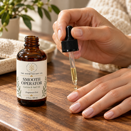 A dropper applying Smooth Operator cuticle and nail oil to a fingernail beside its open bottle on a wooden surface.