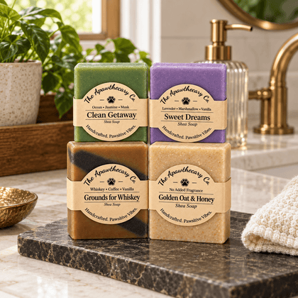 Clean Getaway, Sweet Dreams, Grounds for Whiskey and Golden Oat & Honey soap bars on a bathroom counter.