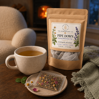 Pipe Down – Evening Wind-Down Tea in a home setting; an included component of this bundle. Other included products are shown elsewhere in the gallery.