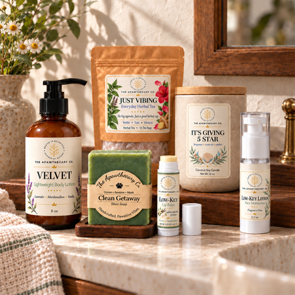 Velvet lotion, Just Vibing tea, It’s Giving 5 Star candle, Clean Getaway soap, Low-Key lip balm and Low-Key Lotion arranged on a bathroom vanity.