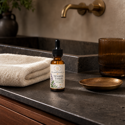 Tension Tamer – Temple & Neck Massage Oil included in this bundle, shown in a lifestyle setting.