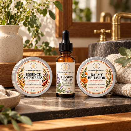 Essence of Embers salve, Tension Tamer massage oil and Balmy Behavior balm arranged beside a bathroom sink.