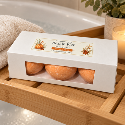 Rest in Fizz pumpkin spice bath bombs in white window box with top label