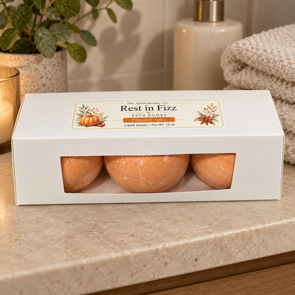 Rest in Fizz pumpkin spice bath bombs in white window box with top label