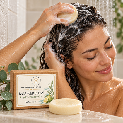 Balanced Clean – Daily Shampoo Bar — An adult using the product as shown, with current packaging visible.