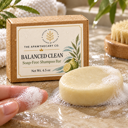 Balanced Clean – Daily Shampoo Bar — Product and packaging material/texture detail.