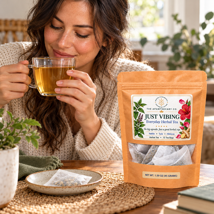 Just Vibing – Everyday Herbal Tea — An adult using the product as shown, with current packaging visible.