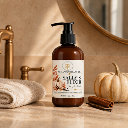 Sally’s Elixir body lotion in amber pump bottle on bathroom counter