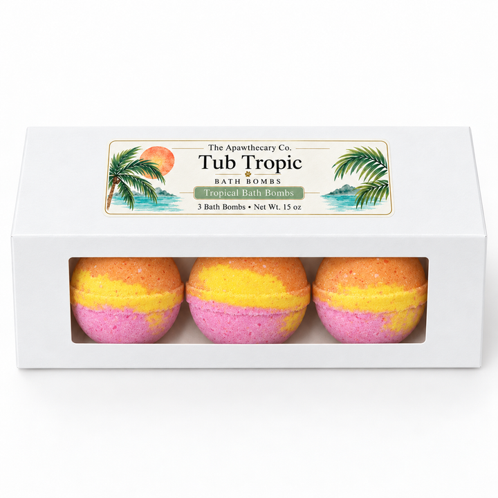 Tub Tropic orange, yellow and pink bath bombs in white window box