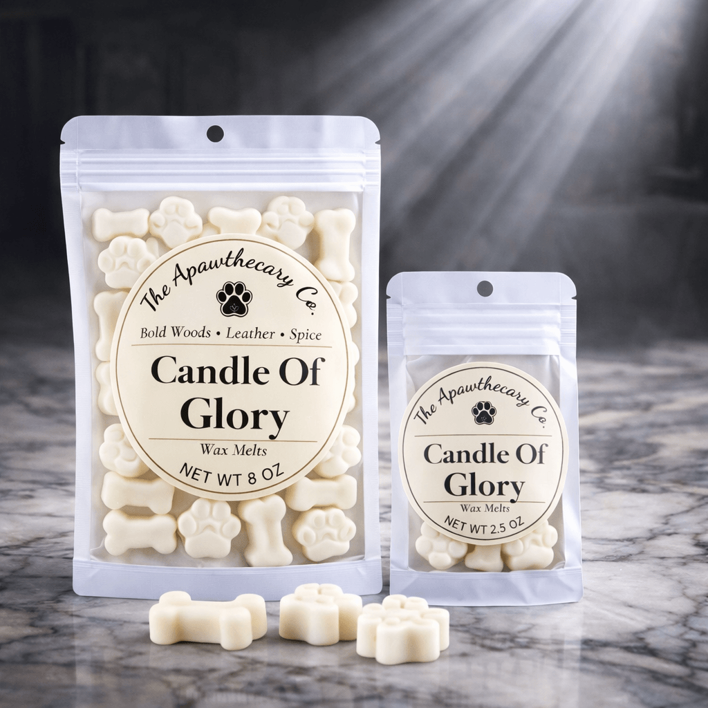Signature Soy & Coconut Wax Melts from Apawthecary Co., featuring Candle of Glory scent and paw-shaped wax melts.