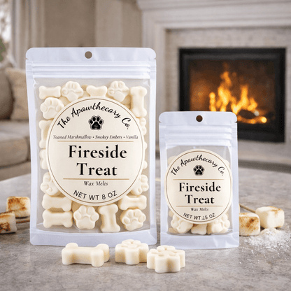 Soy & coconut wax melts in paw-shaped packages by Apawthecary, featuring toasted marshmallow and smoky embers scents.