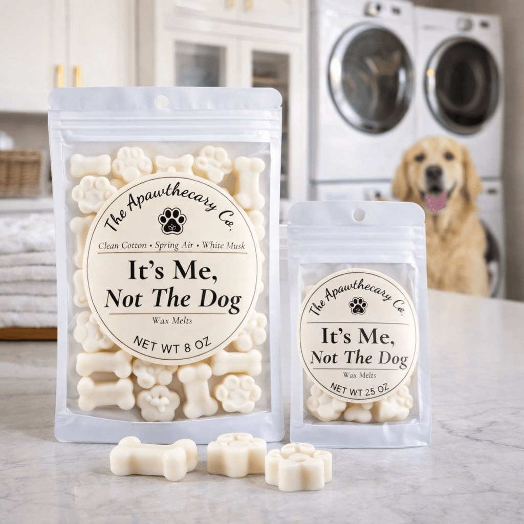 Signature soy & coconut wax melts in dog bone shapes, with clean cotton, spring air, and white musk scents.