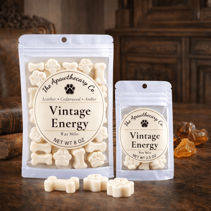 Signature soy & coconut wax melts from Apawthecary, featuring Vintage Energy scent in wax melt packaging.