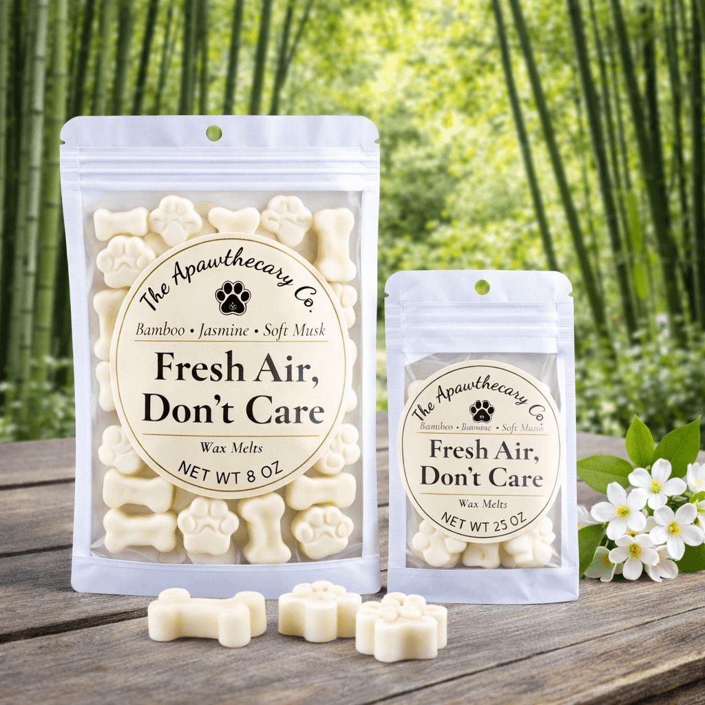 Soy & coconut wax melts in pet-themed packaging, featuring Fresh Air, Don't Care scent, with bamboo and jasmine fragrances.