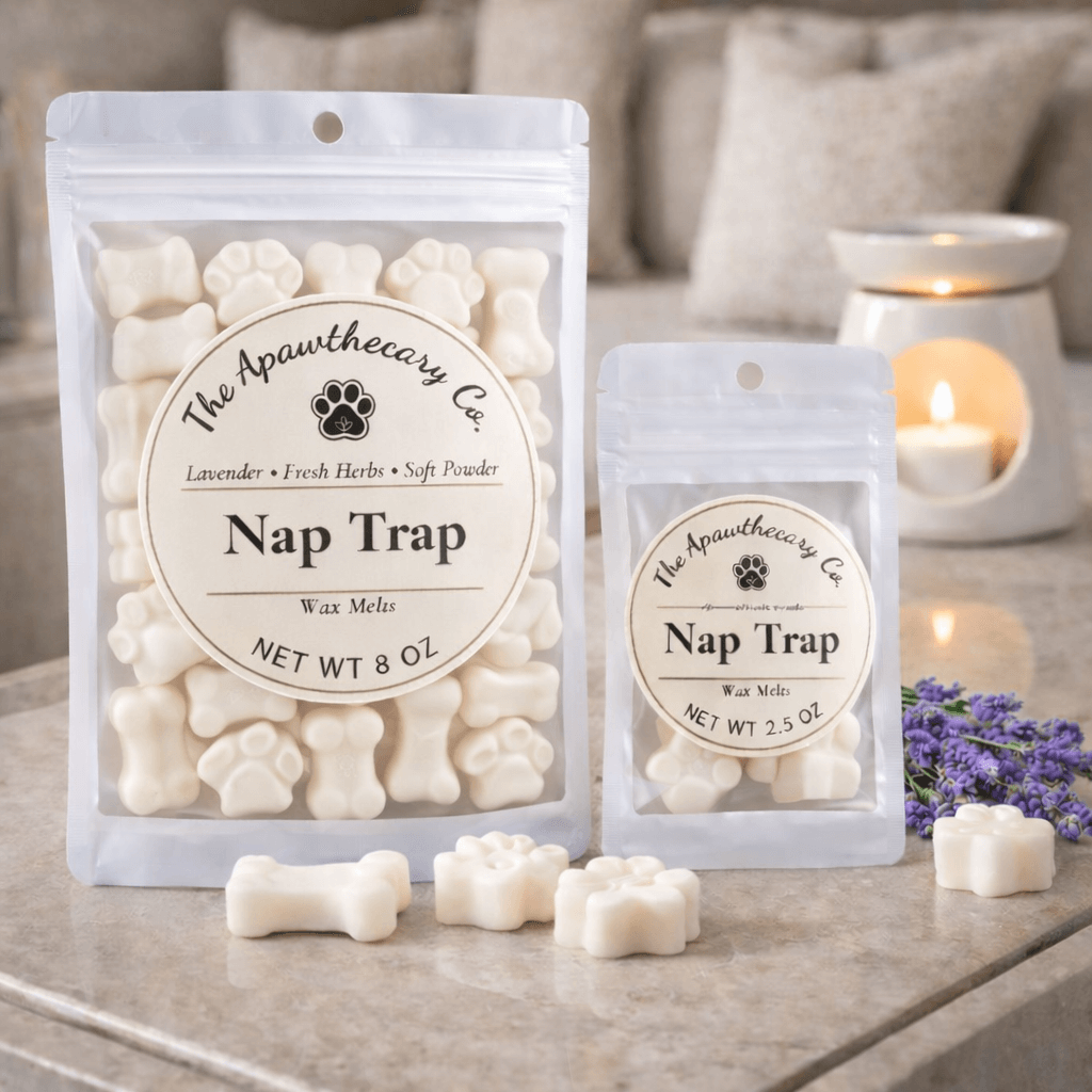 Signature Soy & Coconut Wax Melts in paw print shapes, packaged in two sizes, promoting a calming lavender scent.