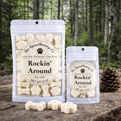 Package of Rockin' Around soy & coconut wax melts with a pine forest background.