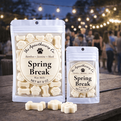 Spring Break soy & coconut wax melts by The Apawthecary Co., featuring bamboo, jasmine, and musk scents in a festive outdoor setting.