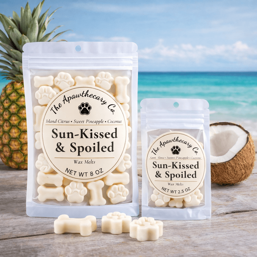 Image of Sun-Kissed & Spoiled soy & coconut wax melts in two sizes with tropical backgrounds.