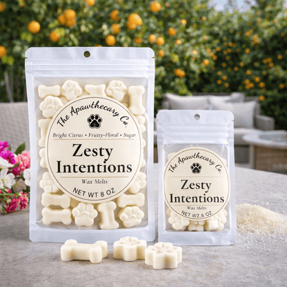 Zesty Intentions Soy & Coconut Wax Melts in 8 oz and 4 oz packages on a vibrant outdoor table.