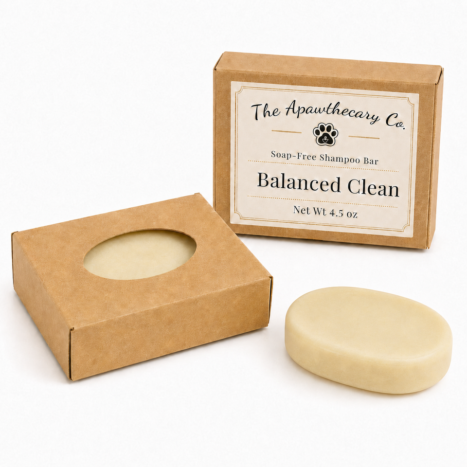 Balanced Clean 4.5 oz soap-free shampoo bar beside kraft packaging on a white background.