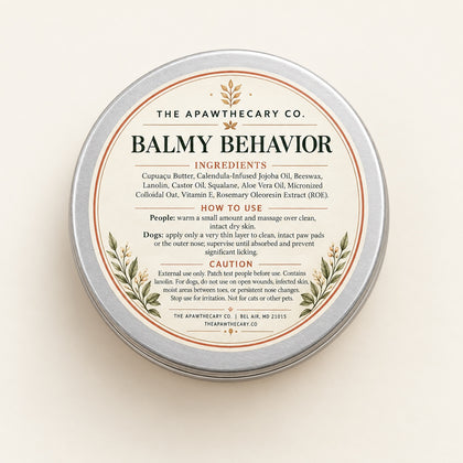 Balmy Behavior 2 oz balm tin with ingredients, directions, and caution back label.