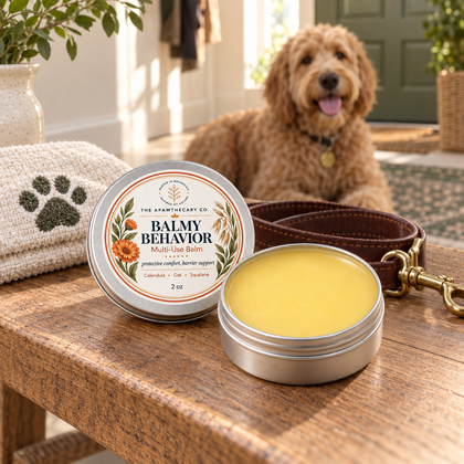 Balmy Behavior open balm tin in a calm dog-care entryway scene.