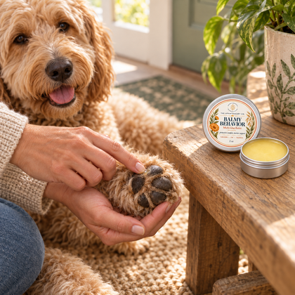 Balmy Behavior 2 oz balm being applied in a thin layer to a clean dog paw pad.