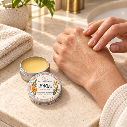 Palm-sized Balmy Behavior 2 oz balm tin beside an adult applying balm to dry knuckles.