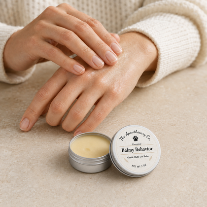 Person resting their hands beside an open tin of Balmy Behavior multi-use balm.