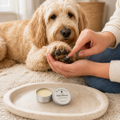 A small silver tin of paw balm with its lid beside it sits on a beige tray on a carpeted floor. A person's hands are gently holding a fluffy light brown dog's paw while the dog lies in the background.