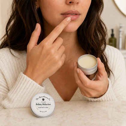 Woman applying Balmy Behavior balm to her lips while holding the open tin.
