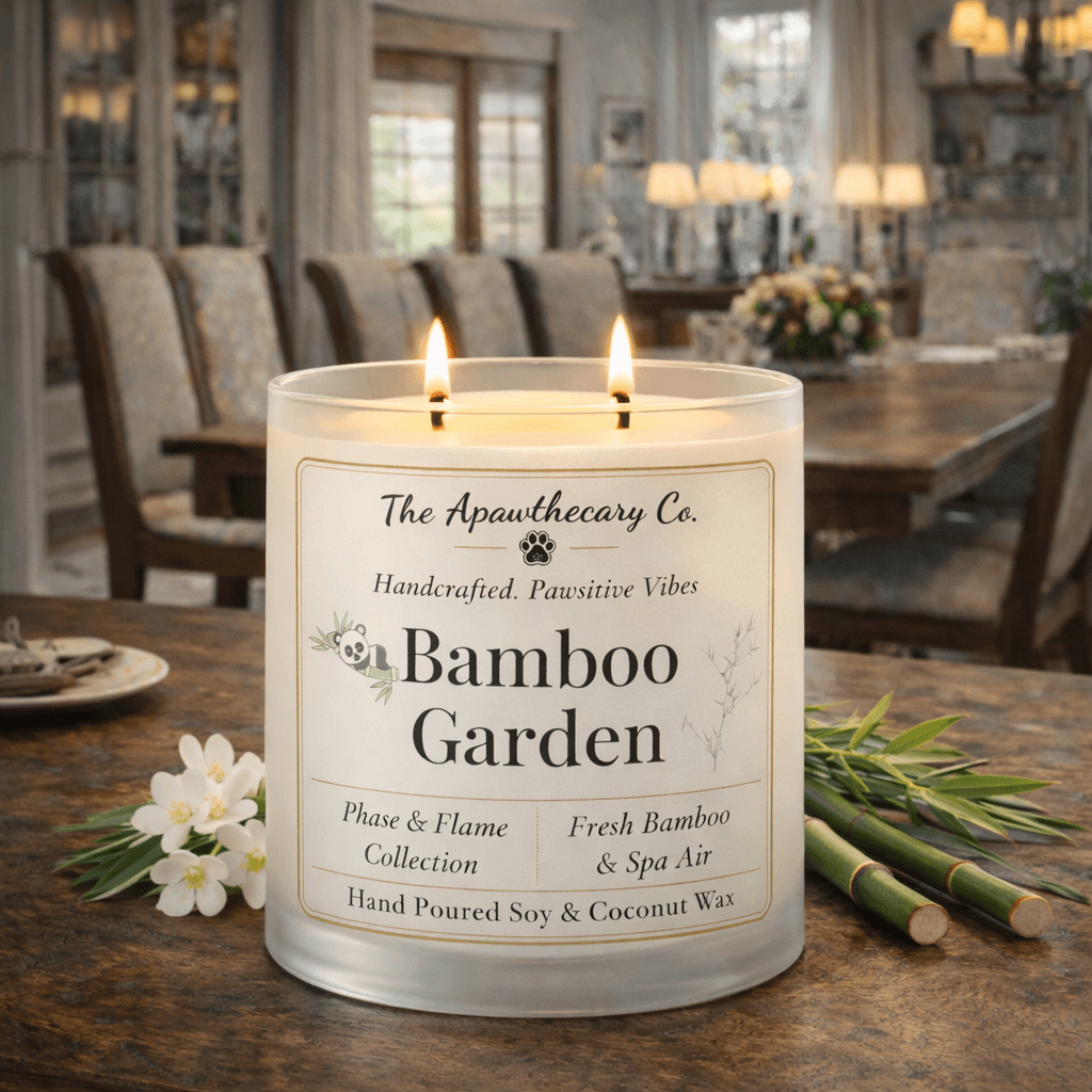 Candle labeled 'Bamboo Garden' on a table with a dining room background