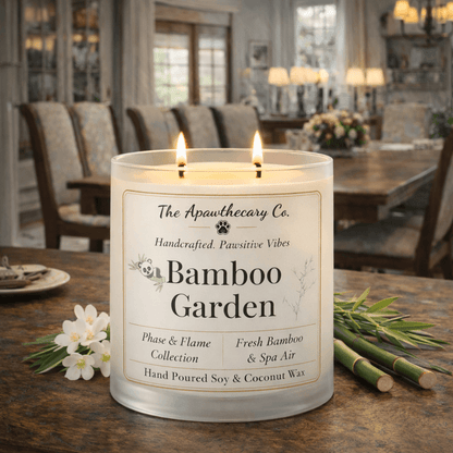 Candle labeled 'Bamboo Garden' on a table with a dining room background