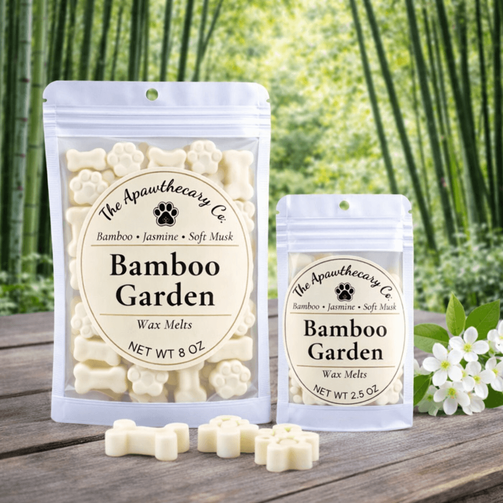Bamboo Garden soy & coconut wax melts in 8 oz and 2.5 oz packages featuring floral designs.