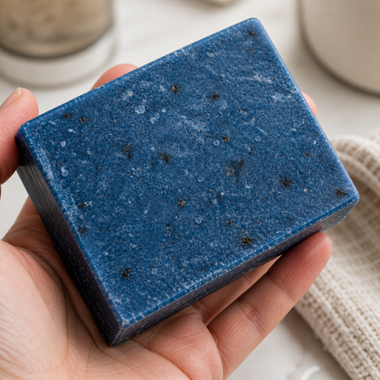 Jam Packed - Standard Cold Process Soap - Blueberry Scented in hand showing its rich blue color and texture.