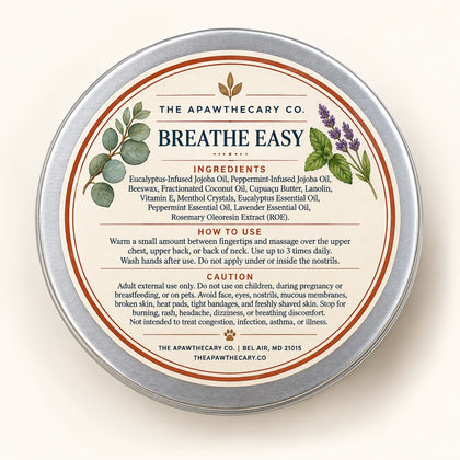 Breathe Easy 2 oz balm tin with ingredients, directions, and caution back label.