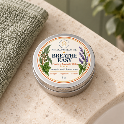 Breathe Easy 2 oz balm tin beside a folded washcloth.