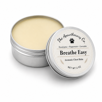 An open round silver tin of 'The Apawthecary Co.' Breathe Easy Aromatic Chest Balm, showing the pale yellow balm inside, with the lid leaning against it on a white background.