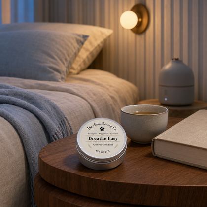 A round tin of Breathe Easy Aromatherapy Chest Balm sits on a wooden bedside table next to a cup of tea, a book, and a diffuser, with a cozy bed and wall lamp in the background.