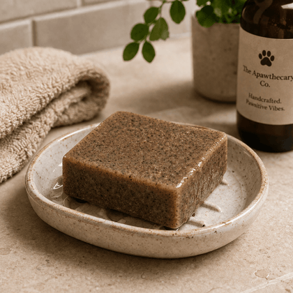 Brewed Awakening - Luxury Cold Process Soap - Natural Coffee on a ceramic dish with a towel and bottle in the background.